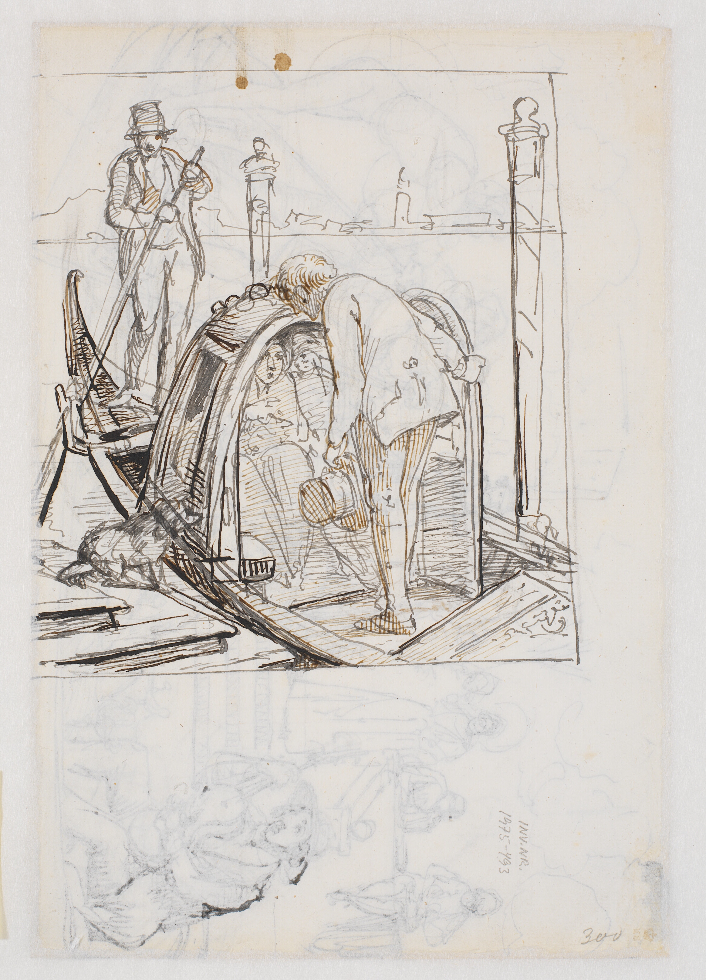 En mand hilser på to i en overdækket gondol